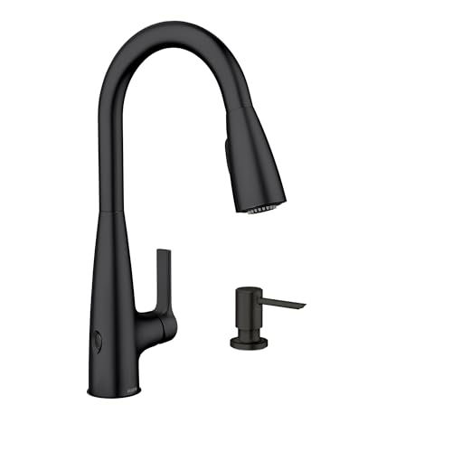 Moen Haelyn Matte Black Touchless Single-Handle Pull-Down Sprayer Kitchen Faucet with Soap Dispenser, Features Power Clean for a Faster Wash, 87627EWBL