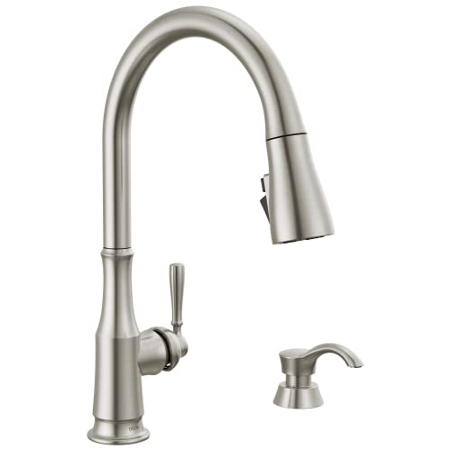 Delta Capertee Brushed Nickel Kitchen Faucet with Pull Down Sprayer and Soap Dispenser, Modern Single Hole Kitchen Sink Faucet, Single Handle, Spotshield Stainless 19877Z-SPSD-DST