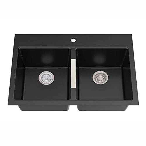 KRAUS Quarza 33-inch Drop-In/Undermount 50/50 Double Bowl Granite Kitchen Sink in Black Onyx, KGD-433B