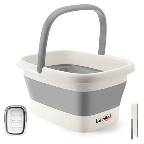 Beinilai Collapsible Foot Bath Basin for Soaking Feet,Foot Soak Tub,Plastic Foot Bucket with Handles and Massage Acupoint,Foldable Laundry Basket-Gery