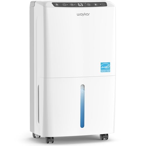 Waykar 2000 Sq. Ft 34 Pints 2025 Most Efficient Energy Star Dehumidifier for Home and Basement with Auto or Manual Drainage, Quiet 33dB Operation, 0.6 Gallon Water Tank Capacity