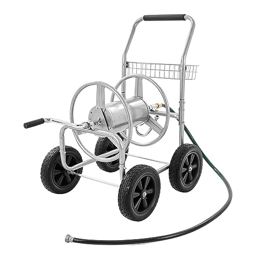 VEVOR Hose Reel Cart, Hold Up to 300 ft of 5/8’’ Hose, Garden Water Hose Carts Mobile Tools with 4 Wheels, Heavy Duty Powder-Coated Steel Outdoor Planting with Storage Basket, for Garden, Yard, Lawn