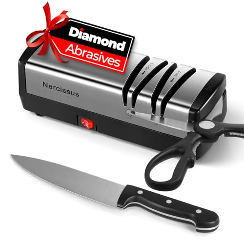 Narcissus Knife Sharpener, Diamond Abrasives Electric Knife Sharpener for Stainless Steel and Ceramic Knives, with Scissors Sharpener & Metal Dust Collection Box, Quick Sharpening & Polishing, Silver