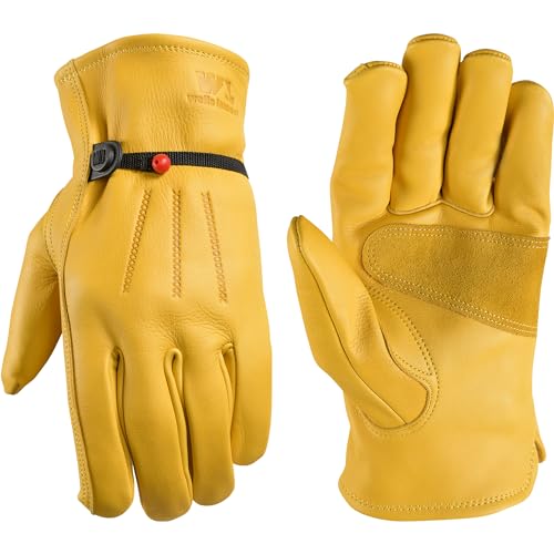 Wells Lamont Leather Work Gloves for Men – Heavy Duty, Cowhide, Abrasion & Puncture Resistant – Adjustable Wrist, Gunn Cut Design, Ideal for Ranching, Farming, Construction - Saddletan - L