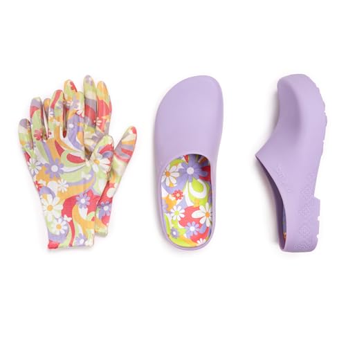 MUK LUKS Women’s Garden Clogs and Gloves Set – Waterproof, Slip-Resistant Outdoor Slip-on Shoes – Lightweight, Easy to Clean, Comfortable for Yard Work & Lawn Care, Lavendar Floral, M