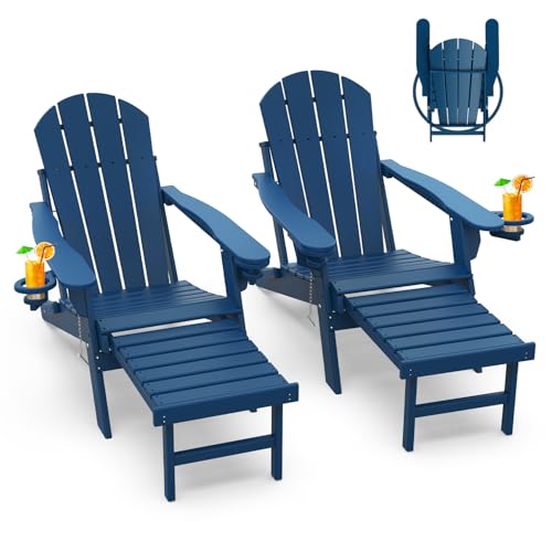 GREENVINES Adirondack-Chairs-with-Ottoman | Set of 2 | Folding | Retractable-Footrest | HDPE Plastic | All Weather Fire Pit Chair | Cup Holders | Blue | for Outdoor Poolside