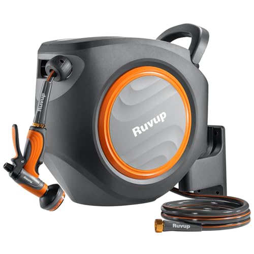 Ruvup Retractable Garden Hose Reel, 5/8in x 100ft Water Hose Reel with Metal Bracket, UV Resistant Automatic Hose Reel Wall Mount for Outside, Slow Retraction Any Length Lock 10 Spray Nozzle