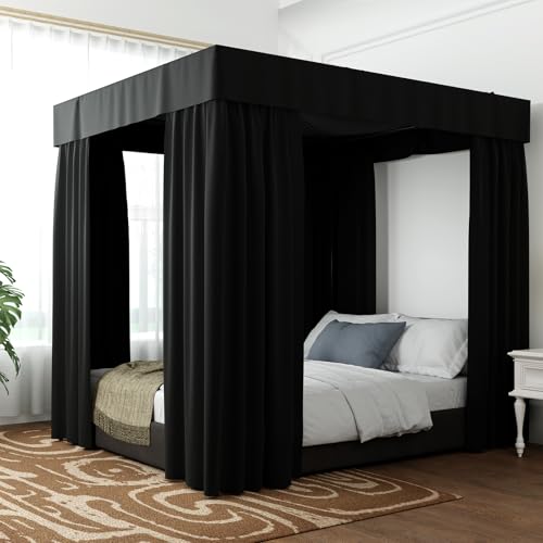 Hvqic Black Canopy Bed Curtains - 4 Corner Post Bed Curtains Queen Bed Curtain Lightproof Drapes Bed Canopy for Adults & Girls Bedroom Decoration (Queen,Black)