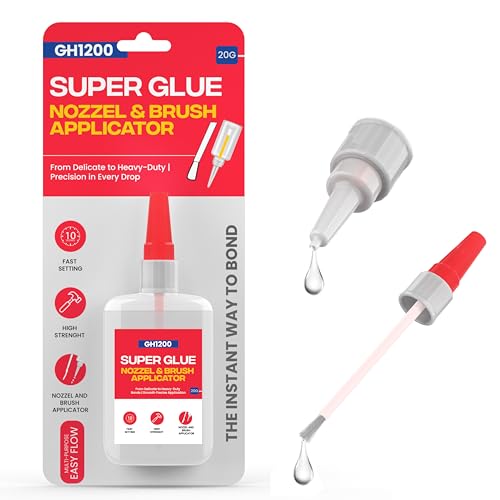 GH1200 (2-in-1) Super Glue with Brush Applicator & Nozzle, Mess Free Superglue Brush, Instant Never Dries, 3000 CPS Ca Glue, No Stain Clear Glue, Super Glue for Plastic, Rubber & More