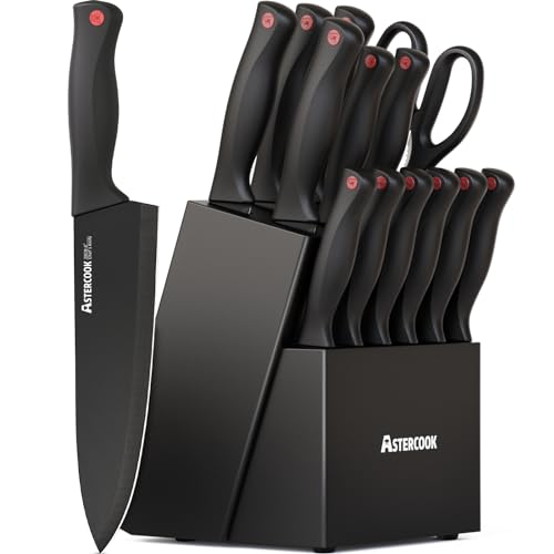 Knife Set, Astercook 15 Pieces Knife Sets for Kitchen with Block, Dishwasher Safe Kitchen Knife Set with Built in Sharpener Block, German Stainless Steel Knife Block Set, Black
