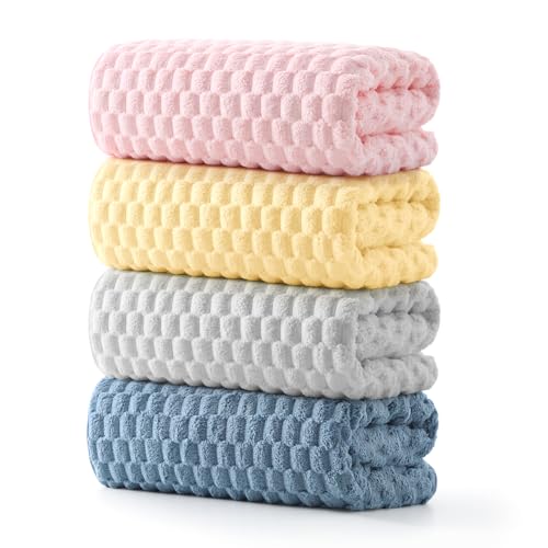 REDKISS 4 Pack Microfiber Bath Towels - Extra Large, Super Absorbent, Quick Dry Waffle Towels Set for Bathroom, Spa, Gym, and Travel - Luxury, Plush, 4 Multicolor
