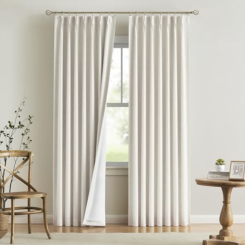 Vision Home Natural Pinch Pleated Full Blackout Curtains Linen Blended Room Darkening Window Curtains 90 inch for Living Room Bedroom Thermal Insulated Pinch Pleat Drapes with Hooks 2 Panel 40