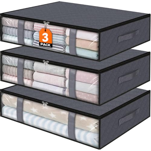 StorageRight Under Bed Storage Bins, 3-Pack 40L Foldable Fabric Storage Bags with Transparent Window, Breathable Organizer for Clothes/Blanket/Comforter/Quilt, Grey