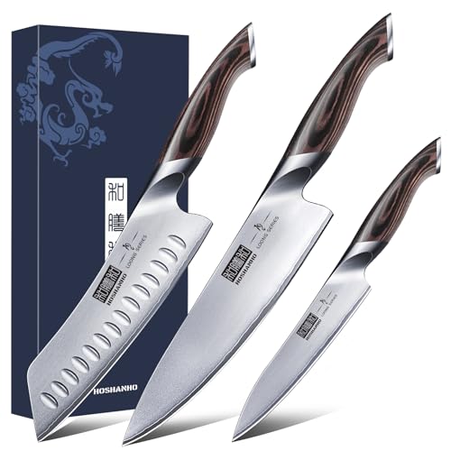 HOSHANHO 3 Pezzi Set Coltello da Cucina Super Affilato, Coltello Giapponese Professionale, Coltelli da Cucina in Acciaio Inox Tedesco