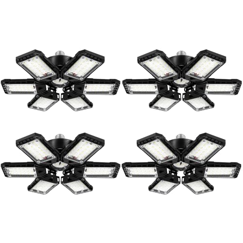 Aoretic LED Garage Lights 4 Pack -180W, 18000LM 6500K Led Shop Light with 6+1 Deformable Panels, Basement Barn Light Garage Ceiling Lights, E26/E27 for Garages, Warehouse, Shop