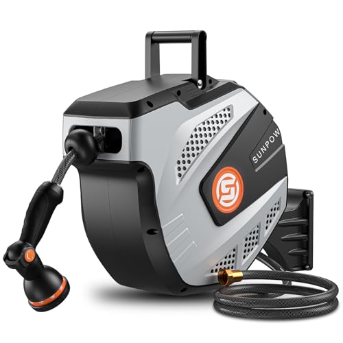 SUNPOW Retractable Garden Hose Reel - 1/2 inch x 50ft Wall Mounted Hose Reel with 3/4 inch Brass Fitting & 10 Function Sprayer Nozzle - Any Length Lock, Auto Rewind System, 180°Swivel Bracket - Grey