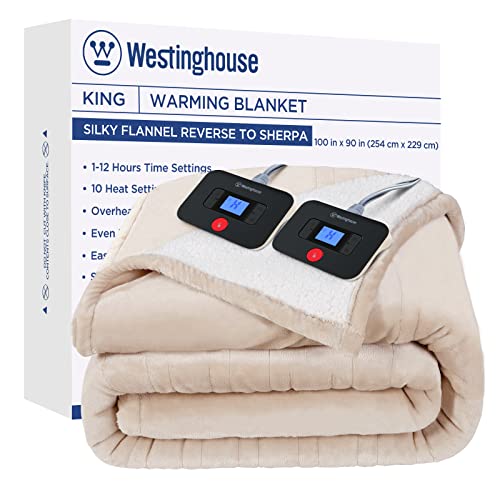 Westinghouse Electric Blanket King, Heated Blanket King Size with 10 Heating Levels and 1 to 12 Hours Heating Time Settings, Flannel to Sherpa Reversible, Machine Washable (90