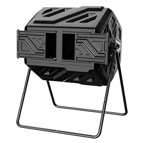 Werph 43 Gallon Compost Bin with Gloves, Fast Assembly & Easy Setup Outdoor Compost Tumbler, Updated Dual Chamber Tumbling Composter for Garden, Kitchen, and Yard Waste, Black