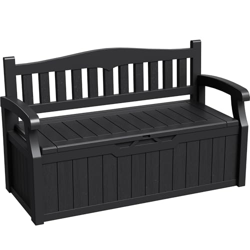 Greesum 80 Gallon Storage Bench Outdoor Deck Box with Armrest, Patio Furniture,Lockable, Waterproof and UV Resistant, Suitable for Garden, Pool, Black