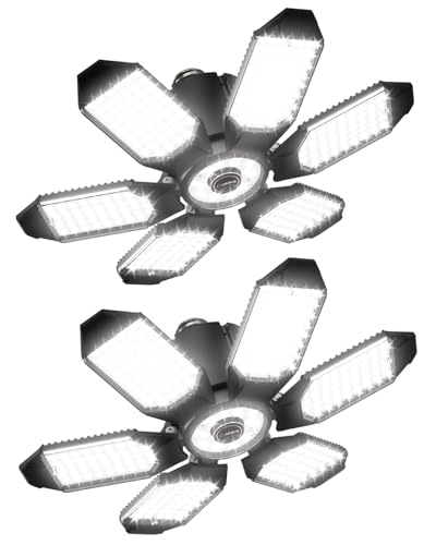 Adiding LED Garage Light 2 Pack, Super Bright 20000Lm Basement Ceiling Lighting w/ 6+1 Deformable Panels Screw in E26 Bulb Base Socket for Workshop Attic Warehouse Utility Laundry Storage Area