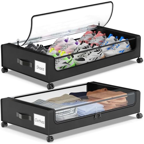 Molutsody Under Bed Storage with Wheels, 2-Pack Underbed Storage Containers with Clear Lids, Under Bed Shoe Storage Organizer, Rolling Under the Bed Storage Bins for Clothes Shoes Blankets (Black)