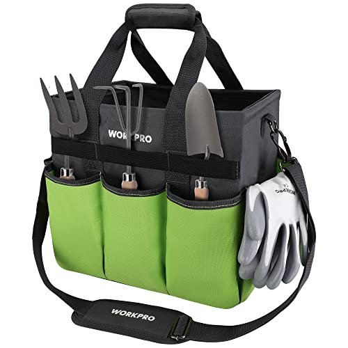 WORKPRO Garden Tool Bag Organizer, Heavy Duty Gardening Tote Bag with 10 Pockets and Long Adjustable Shoulder Strap, Standable Garden Home Tool Kits Organizer, Green (Tools are not included)
