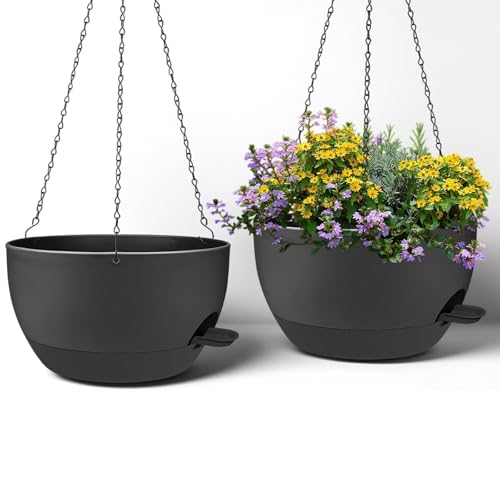 zople 2 Pack 12 Inch Large Hanging Planters with Chains Self Watering Black Plastic Hanging Pots for Indoor Outdoor Plants, Garden Porch Home Decor,Black