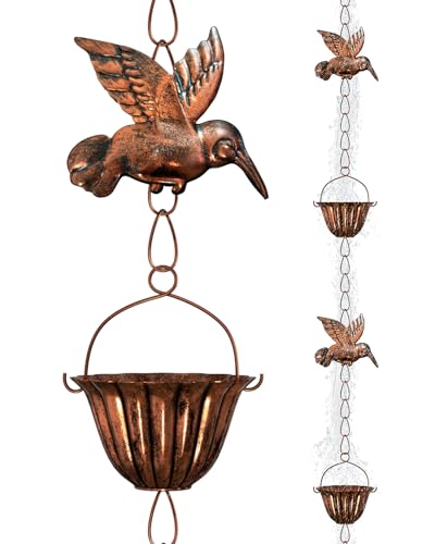 INNOWARMER 8.8ft Rain Chains for Gutters Outside, Rain Catcher Chain with 6 Metal Cups & Hummingbird Decor, Adjustable Hanging Rain Hutter Chain Downspout Substitute for Garden Drainage & Eaves