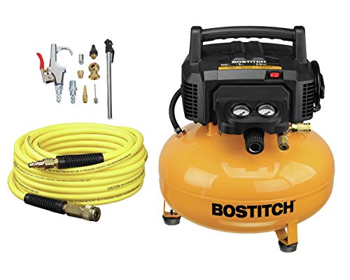 BOSTITCH Air Compressor Kit, Oil-Free, 6 Gallon, 150 PSI, Quiet Lightweight Pancake Air Compressor (BTFP02012-WPK)