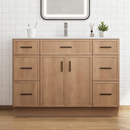 LDarqeer 48 Inch Modern Bathroom Vanity with Sink, Natural wood color Freestanding Vanity for Floor Standing Storage and White Ceramic Basin (48