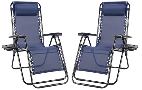 NEWBULIG Zero Gravity Chair Set of 2, Lounge Chair Folding Portable Adjustable Camping Reclining Chairs with Adjustable Pollow, Mesh Back, Cup Holder Trays Lawn Patio Chair for Pool Beach - Blue