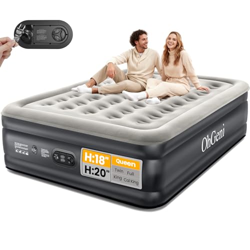 OhGeni Air Mattress Queen with Built in Pump, Inflatable Mattress Blow Up Mattress 18 Raised Comfort,Upgraded Surface Portable Bed, Air Bed for Home, Guest, Camping, Colchone Inflable, 650 lbs