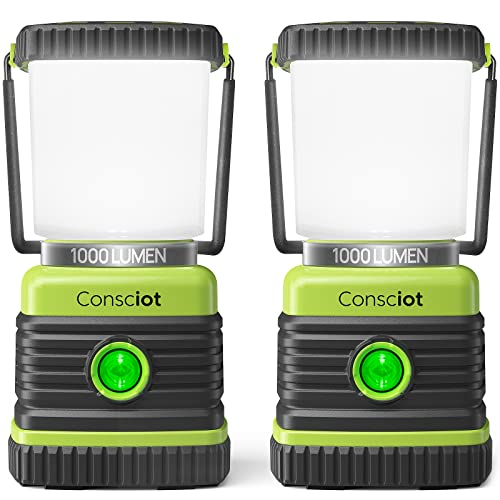 Consciot LED Battery Powered Camping Lantern, 1000LM, 4 Light Modes, IPX4 Waterproof Portable Tent Flashlight for Power Outages, Emergency, Hurricane, Hiking, Light Green, 2-Pack