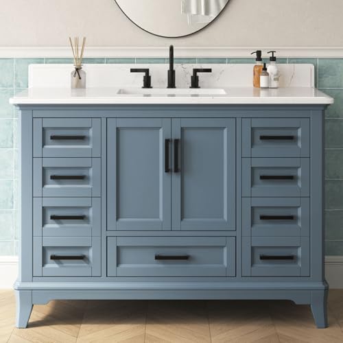DELUXE LIVING 48 Inch Bathroom Vanity with Sink, Modern Steel Blue Bathroom Cabinet with Soft Closing Doors & Dovetail Drawers, Quartz Countertop, No Assembly Required