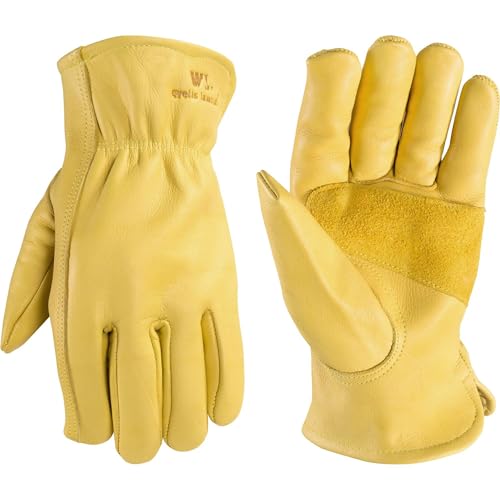 Wells Lamont Leather Work Gloves for Men – Grain Cowhide, Reinforced Palm – Ideal for Construction, Farming, Ranching – Ergonomic Fit, Keystone Thumb, Elasticized Wrist – Saddletan, Large (1129L)