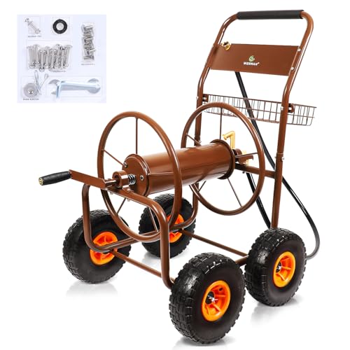 WERMAH 2025 Upgrade Hose Reel Cart, Garden Hose Cart with 4 Wheels, Heavy Duty Freestanding Water Hose Reels for Outside, Hold Up to 300 ft of 5/8'' for Garden Lawn Yard Outdoor
