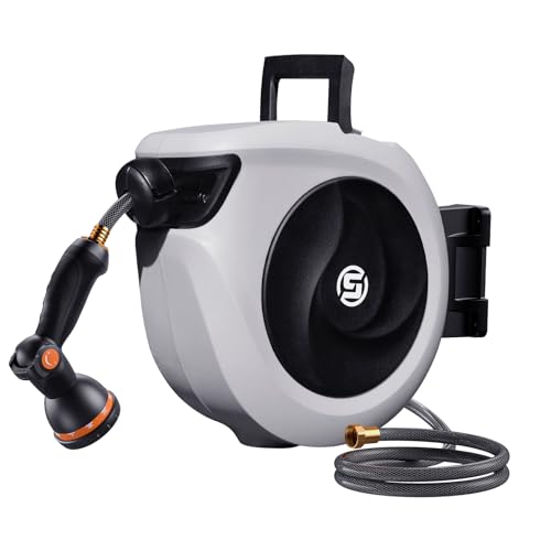 SUNPOW Retractable Garden Hose Reel 1/2 Inch x 33ft - Wall Mounted Lightweight Hose Reel with 3/4 Inch Brass Fittings & 10-Pattern Nozzle - Auto Rewind System, Any Length Lock, 180° Swivel Bracket