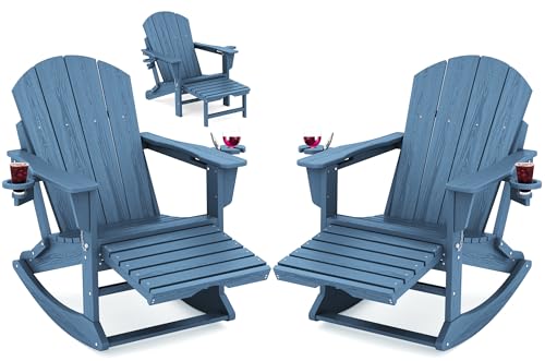 KINGYES Adirondack Rocking Chair Set of 2 with Retractable Ottoman and Cup Holders, HDPE Adirondack Rocker Patio Recliner Chair for Porch, Patio, Balcony, Deep Blue