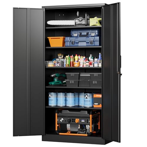Letaya Metal Garage Storage Cabinets with Lock-72 Tall Tool Organizer Steel Lockers, 5 Adjustable Layers Shelves for Home,Office,Warehouse,Garage,(Black-72“)