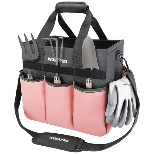 WORKPRO Garden Tool Bag, Heavy Duty Gardening Tote Bag Organizer with 10 Pockets and Long Adjustable Shoulder Strap, Standable Garden Home Tool Kits Organizer, Pink