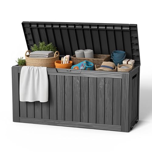 EasyUp 85 Gallon Outdoor Storage Box, Resin Waterproof UV-Resistant Deck Box, Reinforced Stability for Patio, Garden, and Poolside, Striped Black