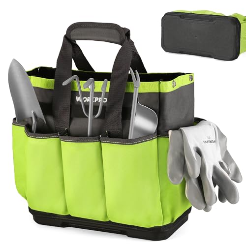 WORKPRO Garden Tool Bag with Waterproof Plastic Base, 8 Pockets Gardening Bag, Heavy Duty Oxford Garden Tote Caddy, Gardening Tool Kit Holder for Indoor and Outdoor(Tools NOT Included)