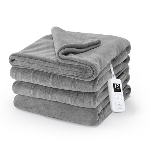 Sunbeam Electric Royal Luxe Microplush Heated Blanket, 12 Heat Settings, 12-Hour Auto Shut-Off, Fast Heating, Warm & Cozy, Machine Washable, Dove Gray Color, Full (84