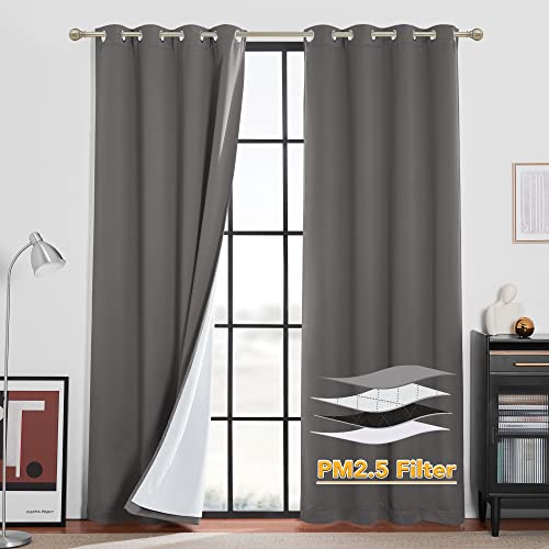 RYB HOME Soundproof & Dust Particle Filtering Curtains Total Blackout Thermal Insulated Window Treatment Anti Dust Air Filter Drapes for Living Room Laundry Room Bedroom, Grey, W52 x L84 inch, 2 Panel
