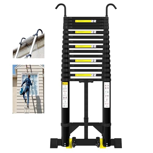 Wolec Telescoping Ladder, 20.3FT Aluminum Portable Extension Ladder w/Hooks, Stabilizers& Wheels, 330lbs Capacity, Collapsible Design, Outdoor & RV Friendly, Aluminum, Sturdy & Reliable, Black