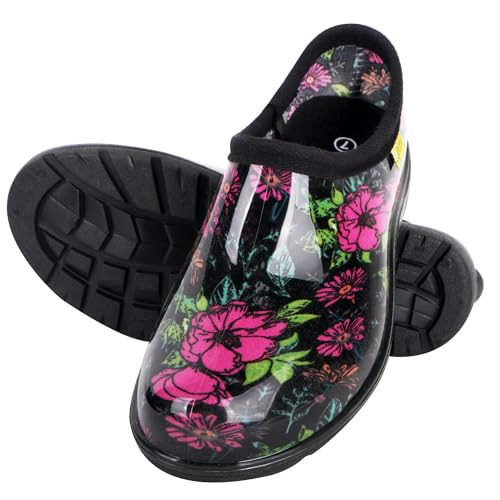 Kprm Flat Garden Shoes for Women Waterproof Slip-On Womens Rubber Rain Shoes Gardening Clogs with Comfort Insole (Midsummer Black, 6)
