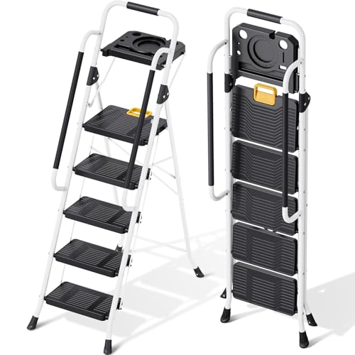 KINGRACK Folding 5-Step Ladder, 800 lbs Capacity Step Stool with Safety Lock, Tool Tray, Non-Skid Wide Steps, Handrail, Household Folding Ladder for Home, Garden, Painting, Outdoor, and Garage, White