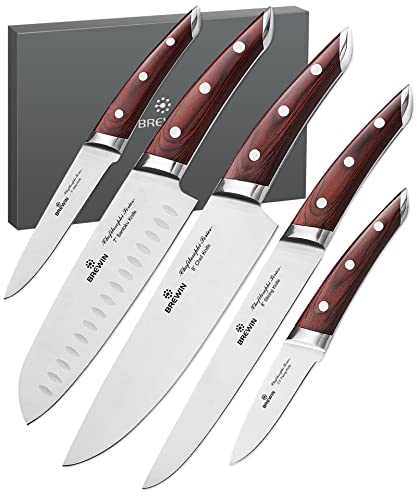 Brewin CHEFILOSOPHI Chef Knife Set 5 PCS with Elegant Red Pakkawood Handle Ergonomic Design,Professional Ultra Sharp Kitchen Knives for Cooking High Carbon Stainless Steel Japanese Chef's Knife…