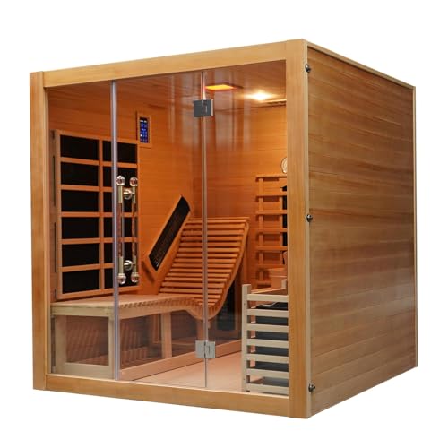 TaTalife Dual System Sauna Room with Recliner, Luxurious Far Infrared & Steam Indoor Saunas, 2-3 Person Red Cedar Home Hybrid Sauna, 220V/ 6KW Harvia Electric Heater, Bluetooth Speaker