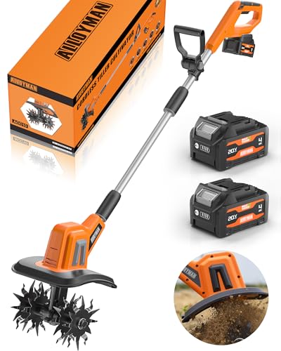 Alloyman 20V Cordless Tiller Cultivator, 360RPM Electric Garden Tiller, with 2 * 4.0Ah Batteries & Charger, 9In Tilling Width and 6.6In Depth Garden Rototiller for Lawn/Gardening/Soil Cultivation